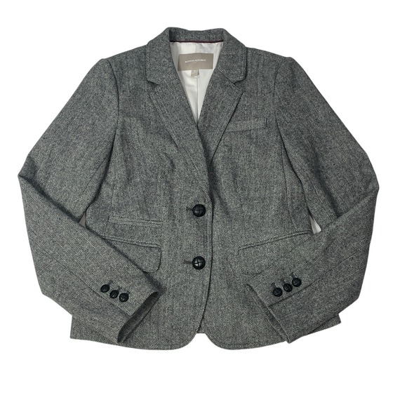 Banana Republic Herringbone Blazer Womens 6 Gray Wool Blend Career Jacket - Picture 8 of 11